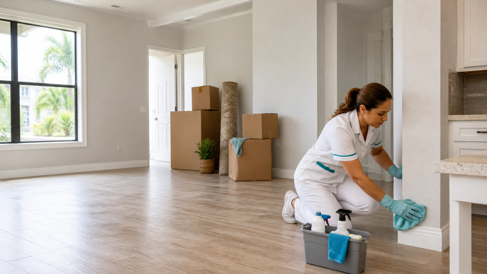 Professional cleaner preparing an empty move-in move-out home with moving boxes